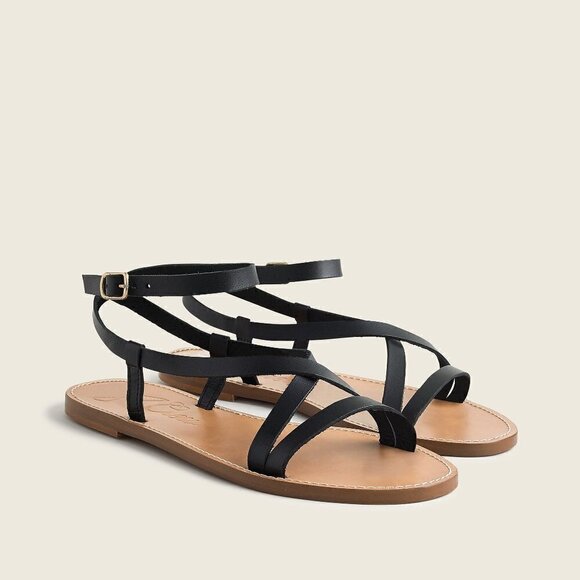 J. Crew Flat Strappy Sandals in Vachetta Leather in Black 7 - Picture 1 of 12